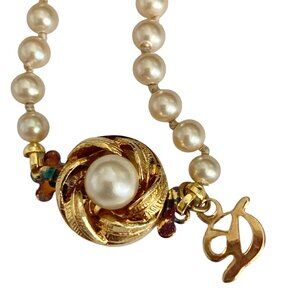 Vtg Danecraft Cream Glass Pearl Necklace 18" Hand Knot Vermeil Sterling Clasp